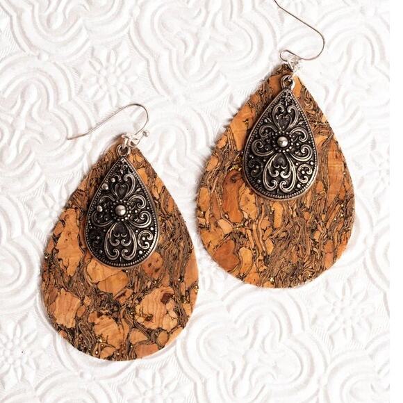 Silvertone Scroll and Cork Double Teardrop Earrings - Picture 1 of 2